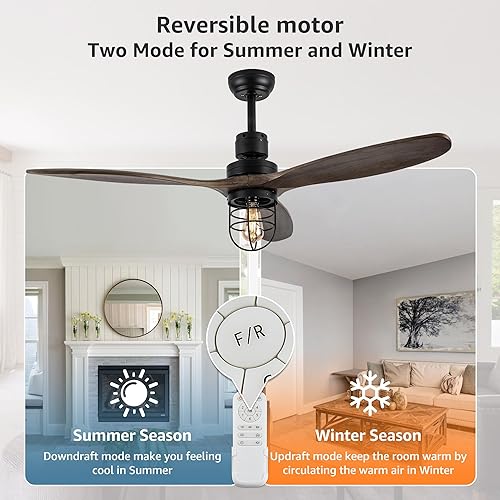 Miniatura 3 de Ceiling Fans with Lights and Remote, 52In Industrial Outdoor Rustic Ceiling Fan with Light Modern Bedroom Black 3 Blade Wood Ceiling Fan for Outdoor