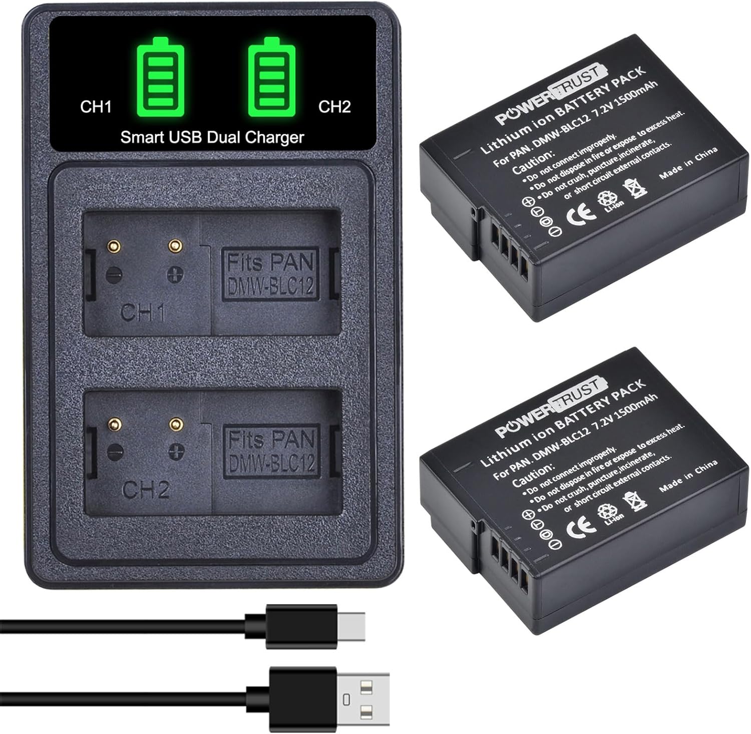 (2-Pack) DMW-BLC12 DMW-BLC12E DMW-BLC12PP Battery + USB Dual Charger for Panasonic Lumix DMC-FZ200, DMC-FZ1000, DMC-G5, DMC-G6, DMC-G7, DMC-GX8, DMC-G85, DMC-GH2 Digital Camera