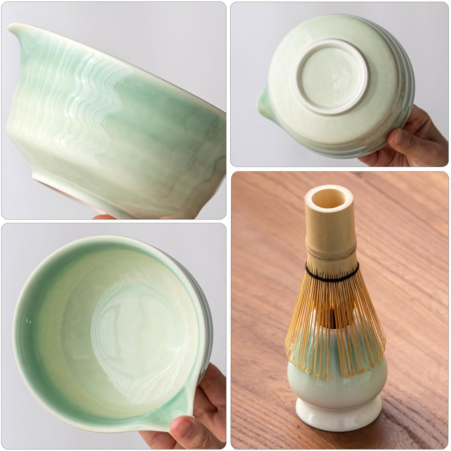 Japanese Matcha Set, Matcha Bowl with Spout, Matcha Whisk and Holder, Bamboo Matcha Scoop and Stainless Steel Sifter - 5 Pcs Gradient Green Matcha Kit for Matcha Lover - Image 3