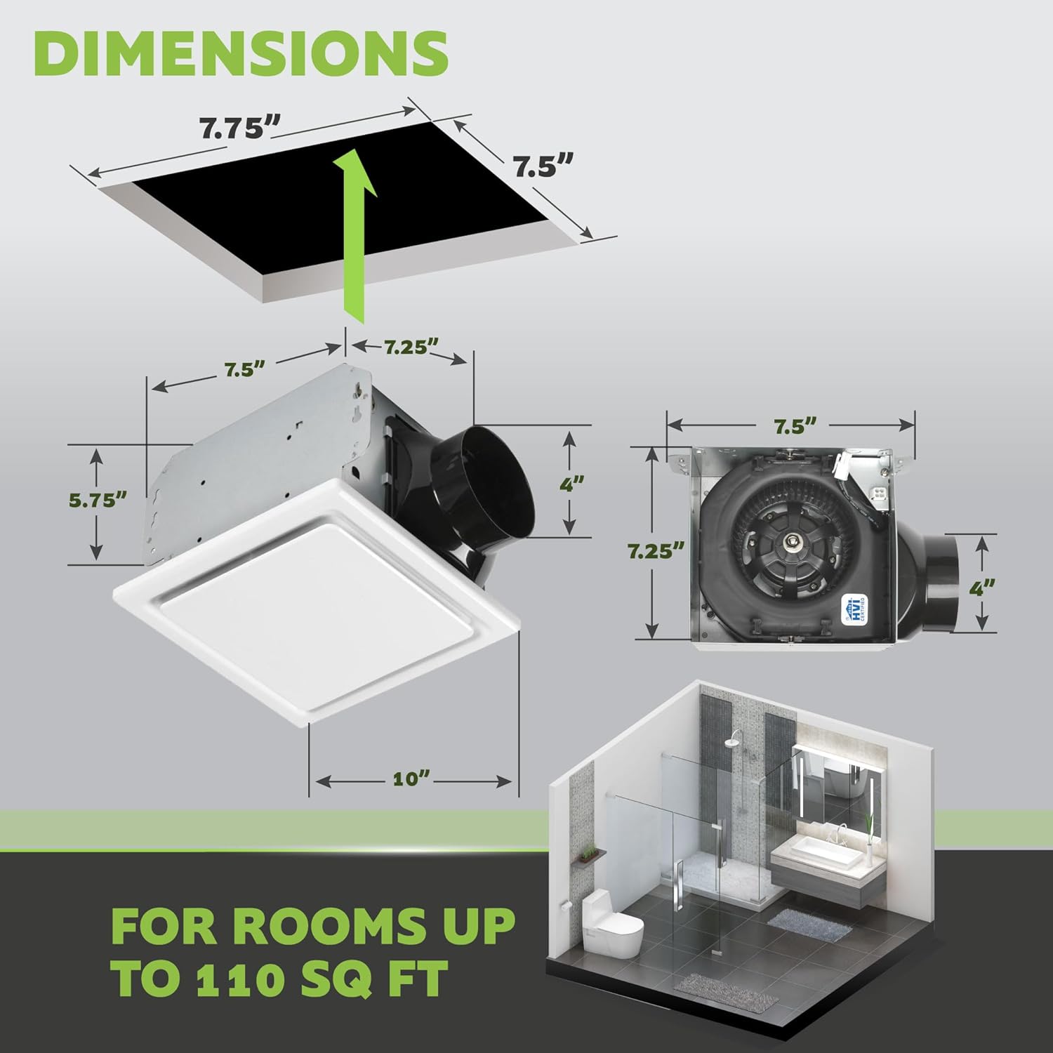 Homewerks 7141-110-G4 Bathroom Fan Integrated LED Light Ceiling Mount Exhaust Ventilation Whisper Quiet 2.0 Sones 110 CFM, White