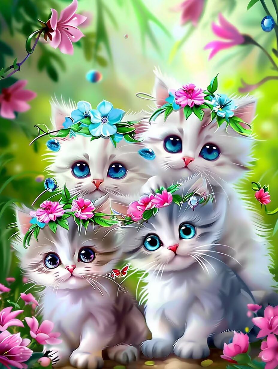 Diamond Painting Katze Malen Nach Zahlen Erwachsene, 5D Diamant Painting Bilder Blume Diamond-painting Mosaikherstellung Bastelset Kinder ab 6 Jahre, Deko Wohnzimmer, Mädchen Geschenke 70x100cm 6X-755