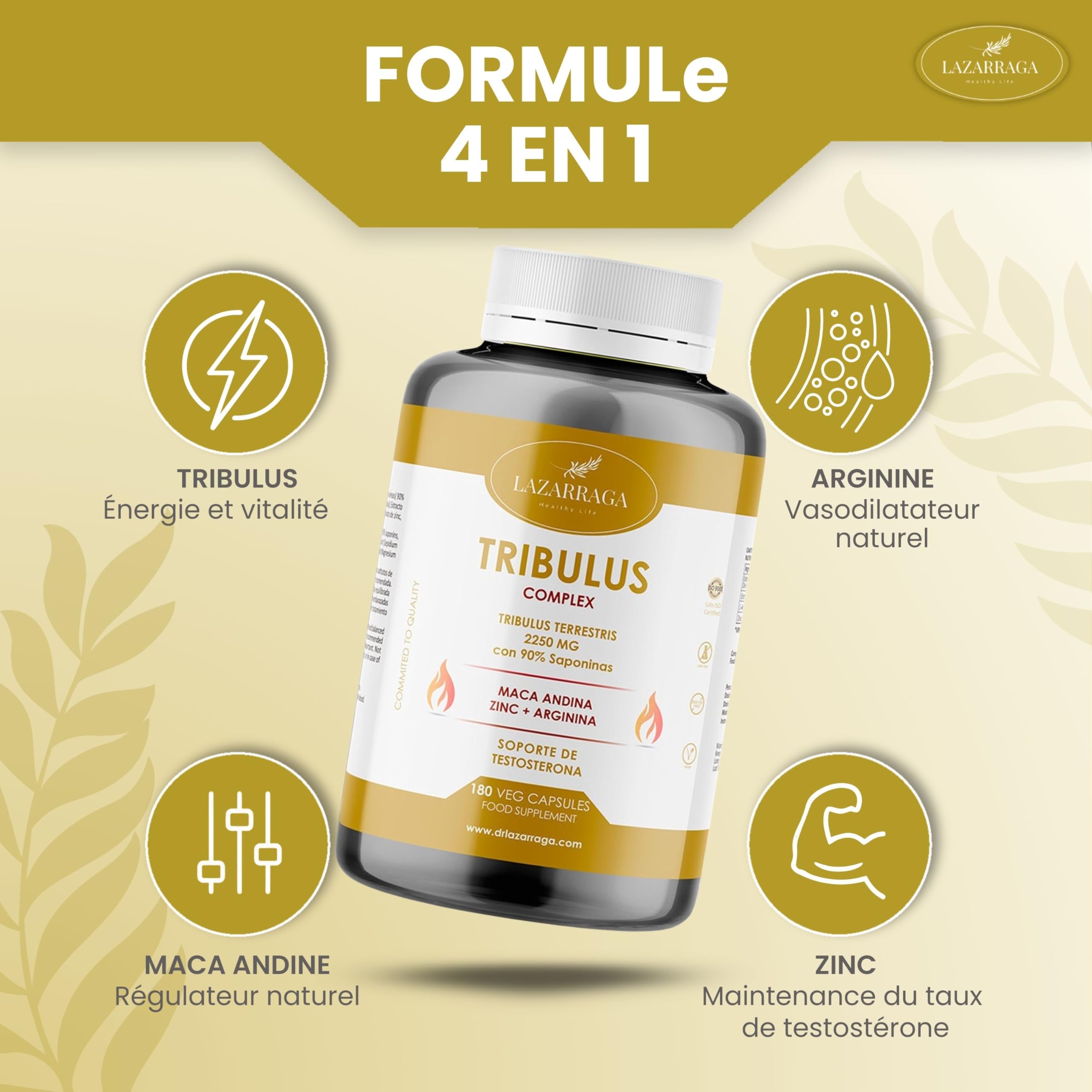 TRIBULUS TERRESTRIS PUISSANT 4 EN 1 avec Maca Andine + Arginine + Zinc | Complément contre la fatigue pour hommes | Force et énergie | 90% de saponines | 180 gélules véganes | 2 mois | Lazarraga