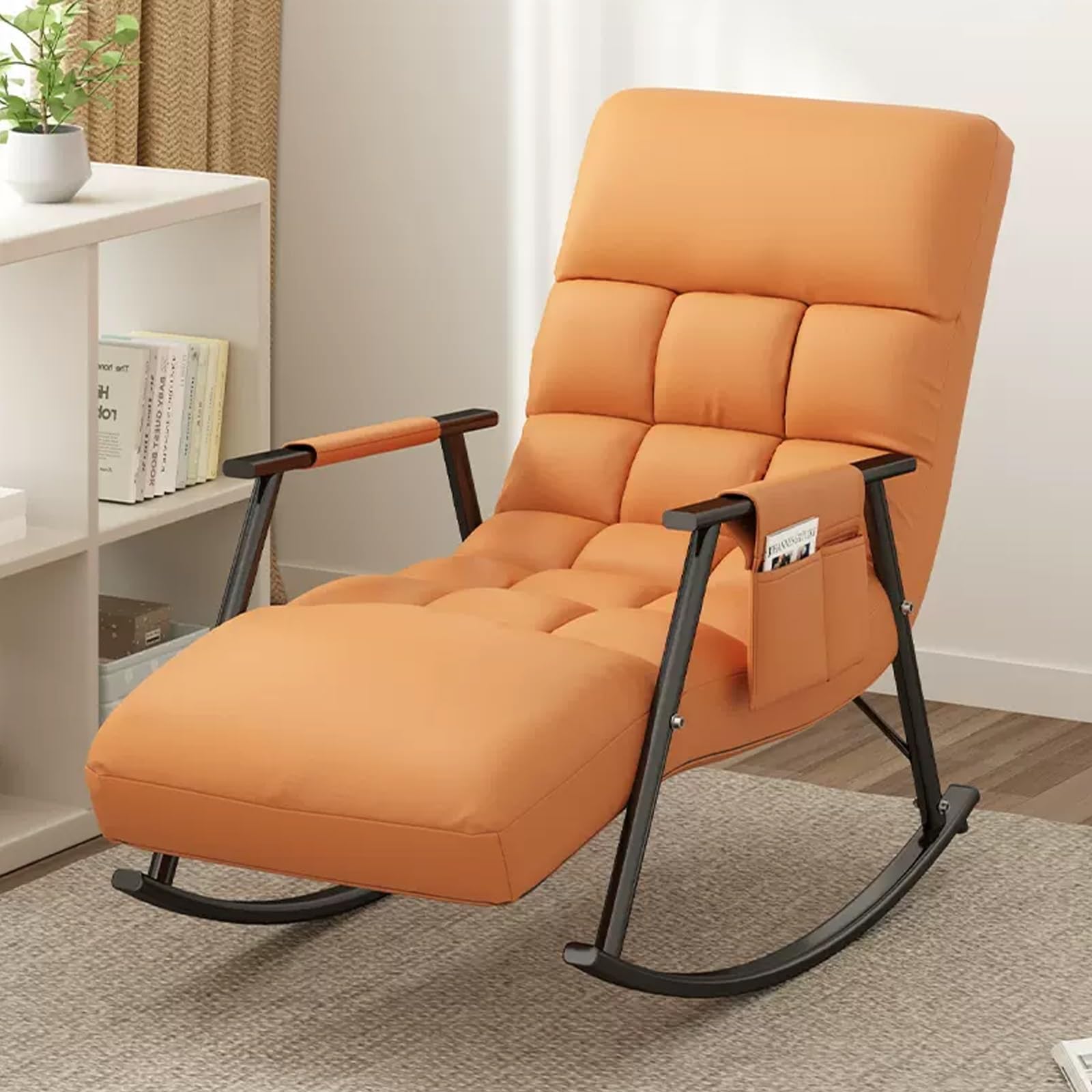 Chaise à bascule avec coussin doux et accoudoirs, fauteuil de salon réglable orange