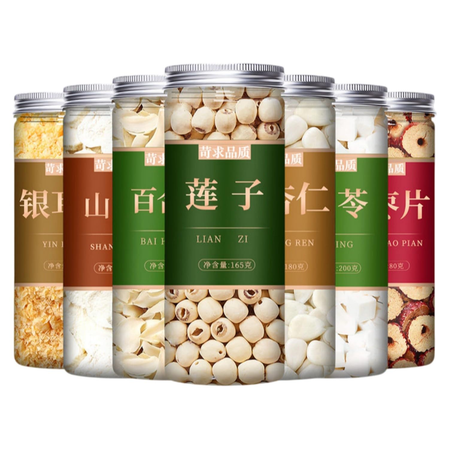 【7罐】南杏仁 茯苓 莲子 百合干 山药花茶 银耳碎 红枣片 Premium Natural china herbal tea Loose Leaf Tea,Chinese Tea, Sulfur Free,Flower tea,dark tea,loose tea Sweet Fresh