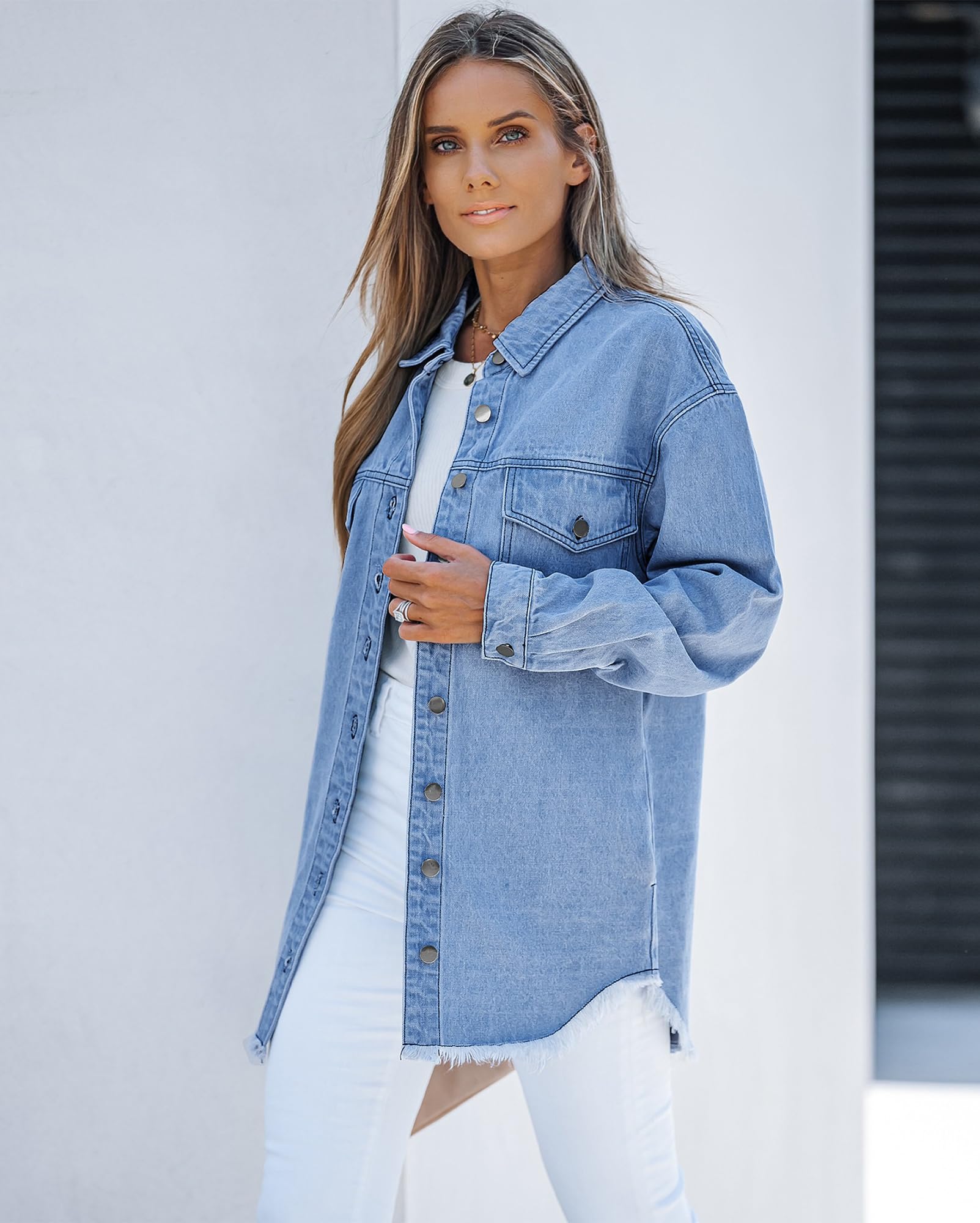 Vetinee Jeansjacke Damen Oversize Langarm Ripped Jean Jacken mit Tasche