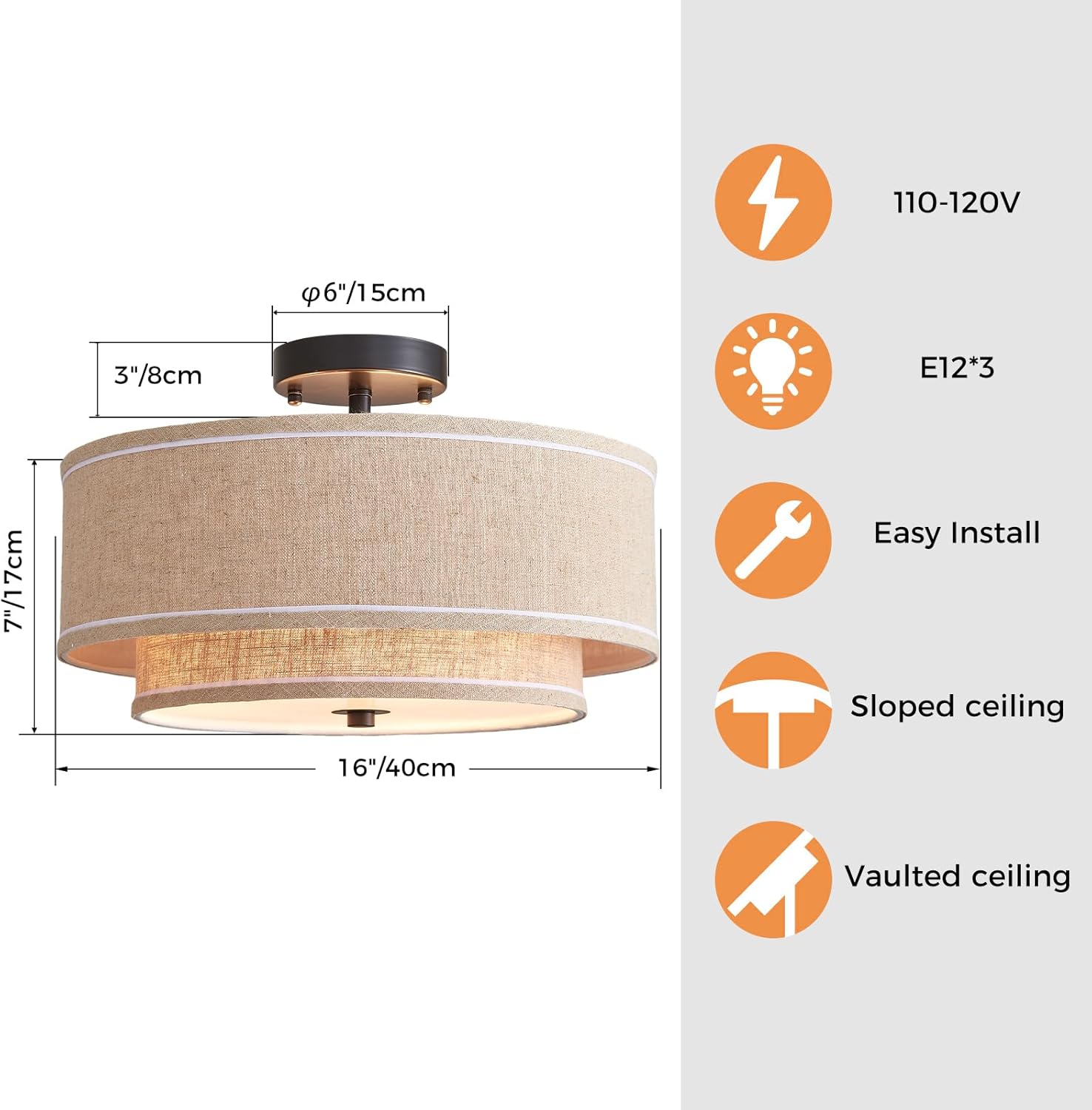 Shrine Lighting Double Drum Ceiling Light, Perfect Drum Light Fixture for Dining Room, D16'' x H7'', E12*3 Sockets, Beige Linen Fabric Lampshade & Black Rod