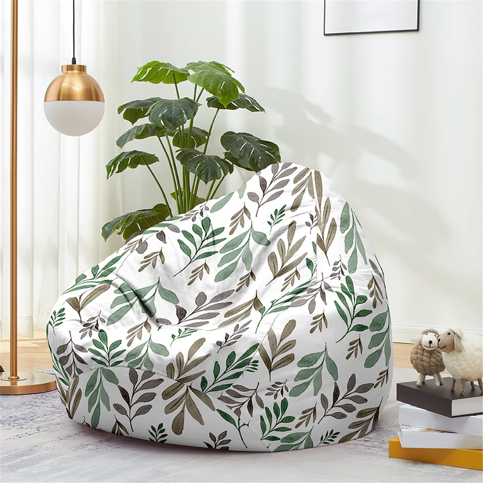 Fodera per Pouf a Sacco, Motivo Foglie Pouf Poltrona Sacco Senza Imbottitura/Copertura per Pouf Sacco con Cerniera/Copertura per Poltrona Sacco per Adulti e Bambini (90x110cm,Grigio)