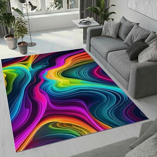 Miniatura 2 de Alfombra retro abstracta colorida ondulada de 3 x 5 pies, alfombra de área de lana sintética psicodélica, multicolor, alfombra antideslizante para