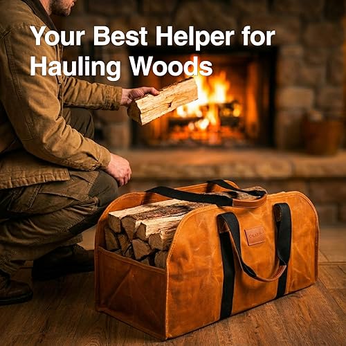 Miniatura 6 de Portatroncos para leña, lona encerada, duradera, para chimenea, bolsa de mano, Marrón, Moderno