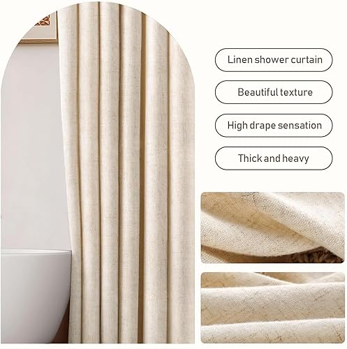 Miniatura 2 de Awellife Cortina de Ducha de Lino Beige Boho Estilo Granja Cortinas de Ducha para Baño Tela Crema Forro de Tela 72 x 72 Pulgadas