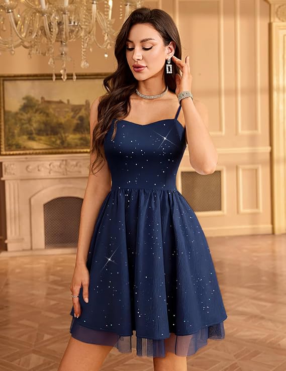 HomRain Sparkly Sequined Cocktail Dress for Women Spaghetti Strap A Line Homecoming Graduation Dress with Soft Tulle Lining