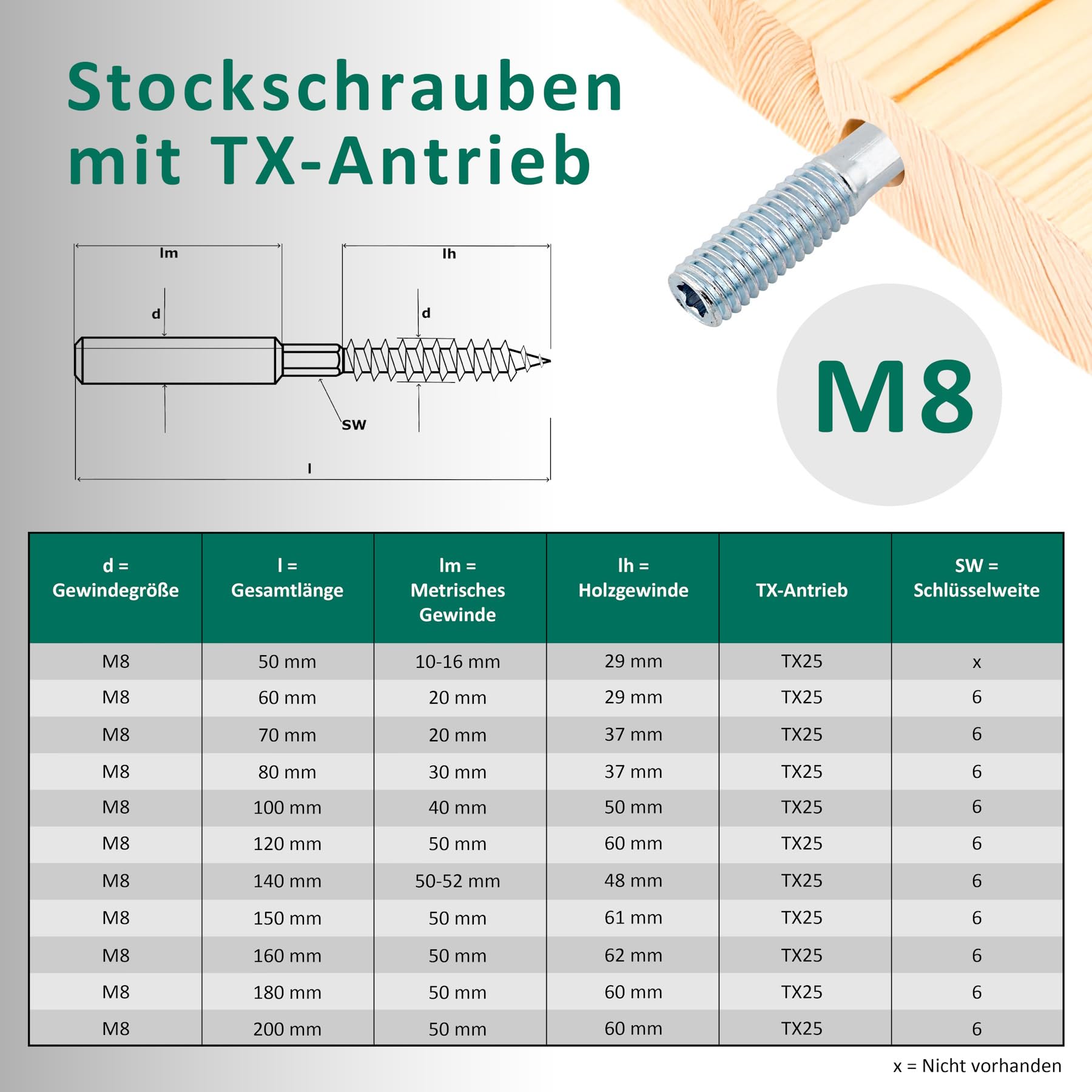 DSM – śruby trzpieniowe M8 x 200 mm z napędem Torx (TX 25), ocynkowane – M6 do M12, podwójne śruby gwintowane do obejm rurowych, SW 6 mm, połączenia drewniane, materiały montażowe – 100 sztuk
