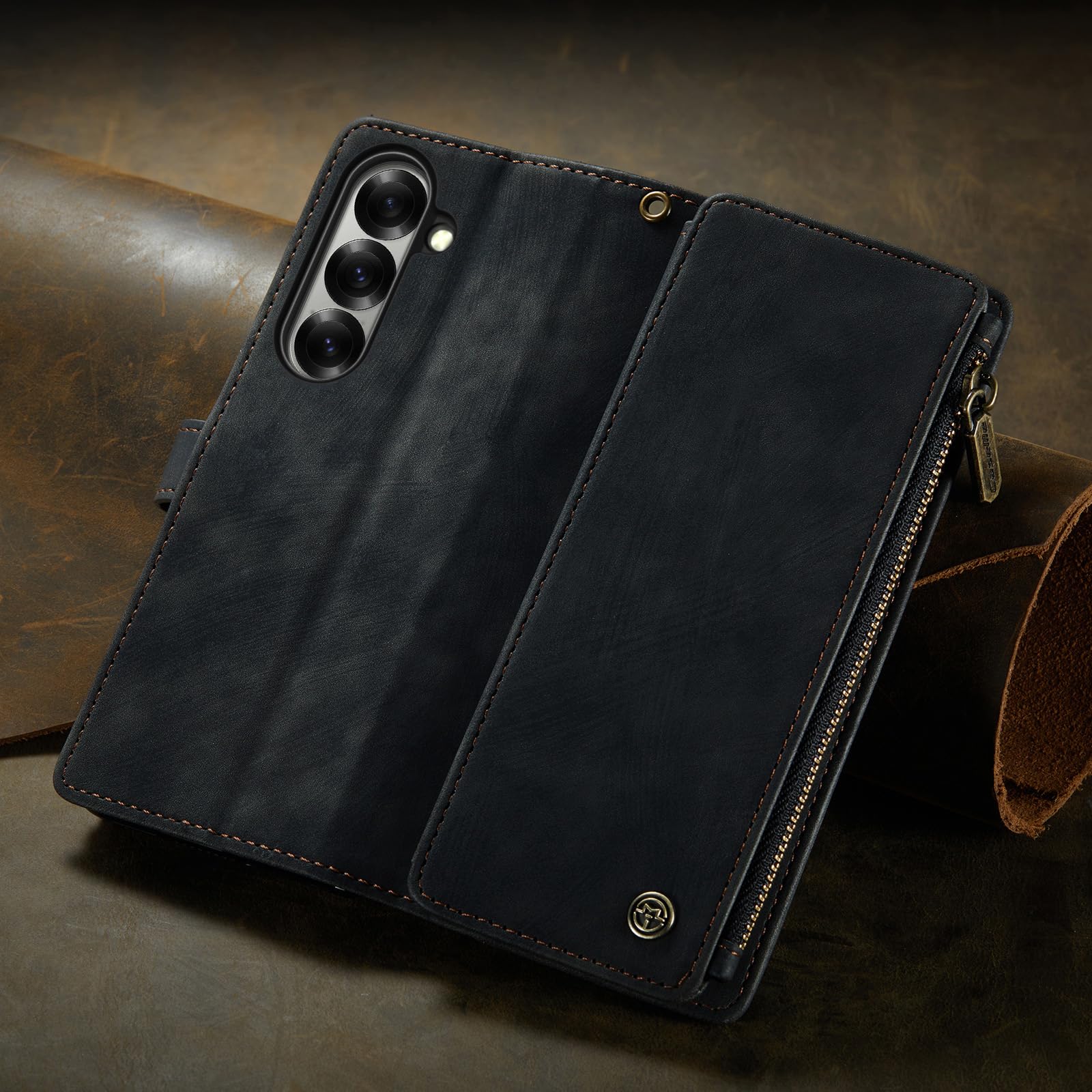Etui z klapką do Samsung Galaxy Z Fold 8 Ultra, portfel na zamek błyskawiczny duża pojemność vintage matowe etui pasek na nadgarstek ochrona przed upadkiem miękka wewnętrzna powłoka TPU (czarna)