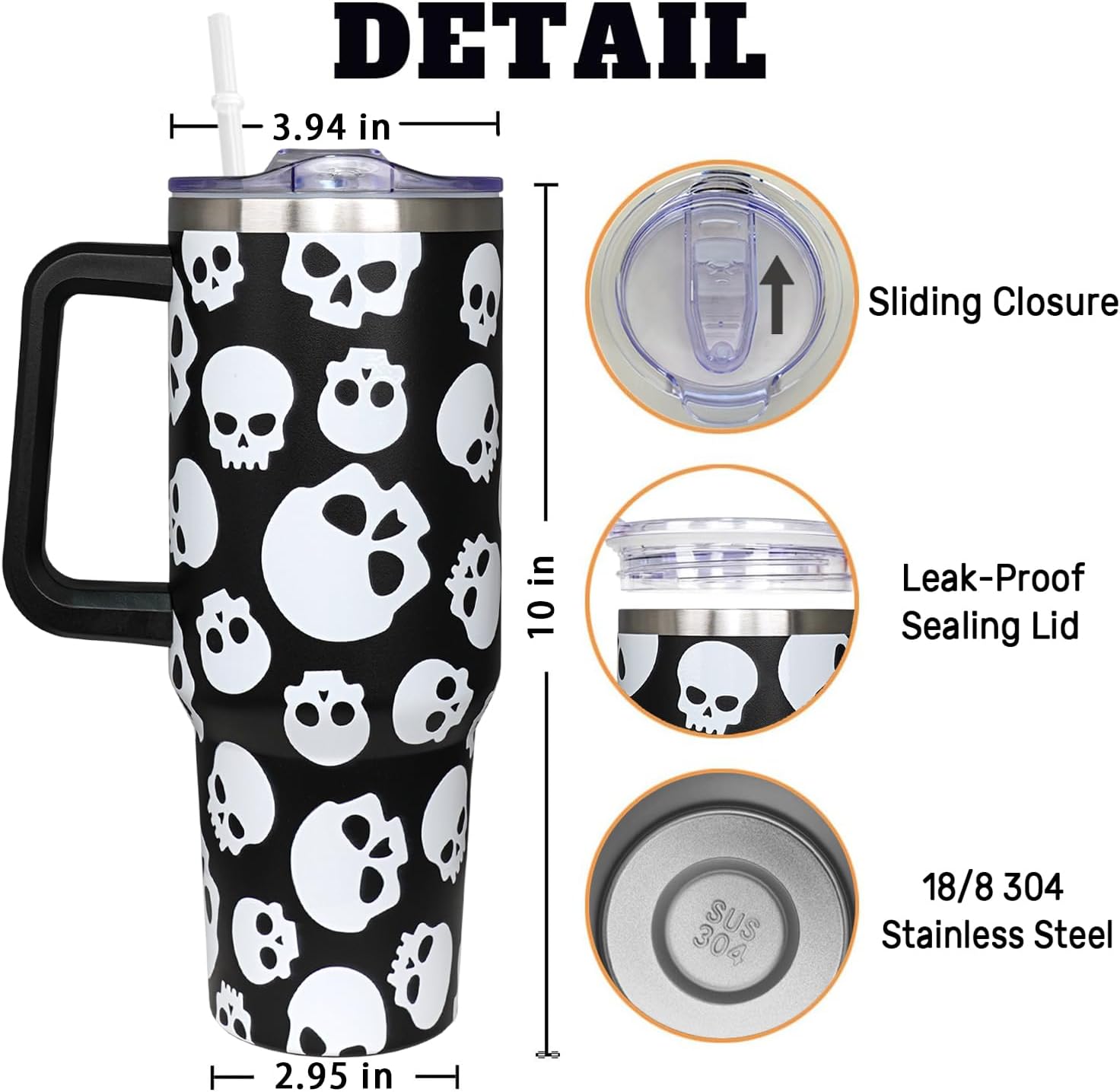 5D Printed White Skull Tumbler 40 oz Halloween Tumbler with Handle Lid and Straw Spooky Skull Cup Halloween Water Bottle Travel Mug - Image 4