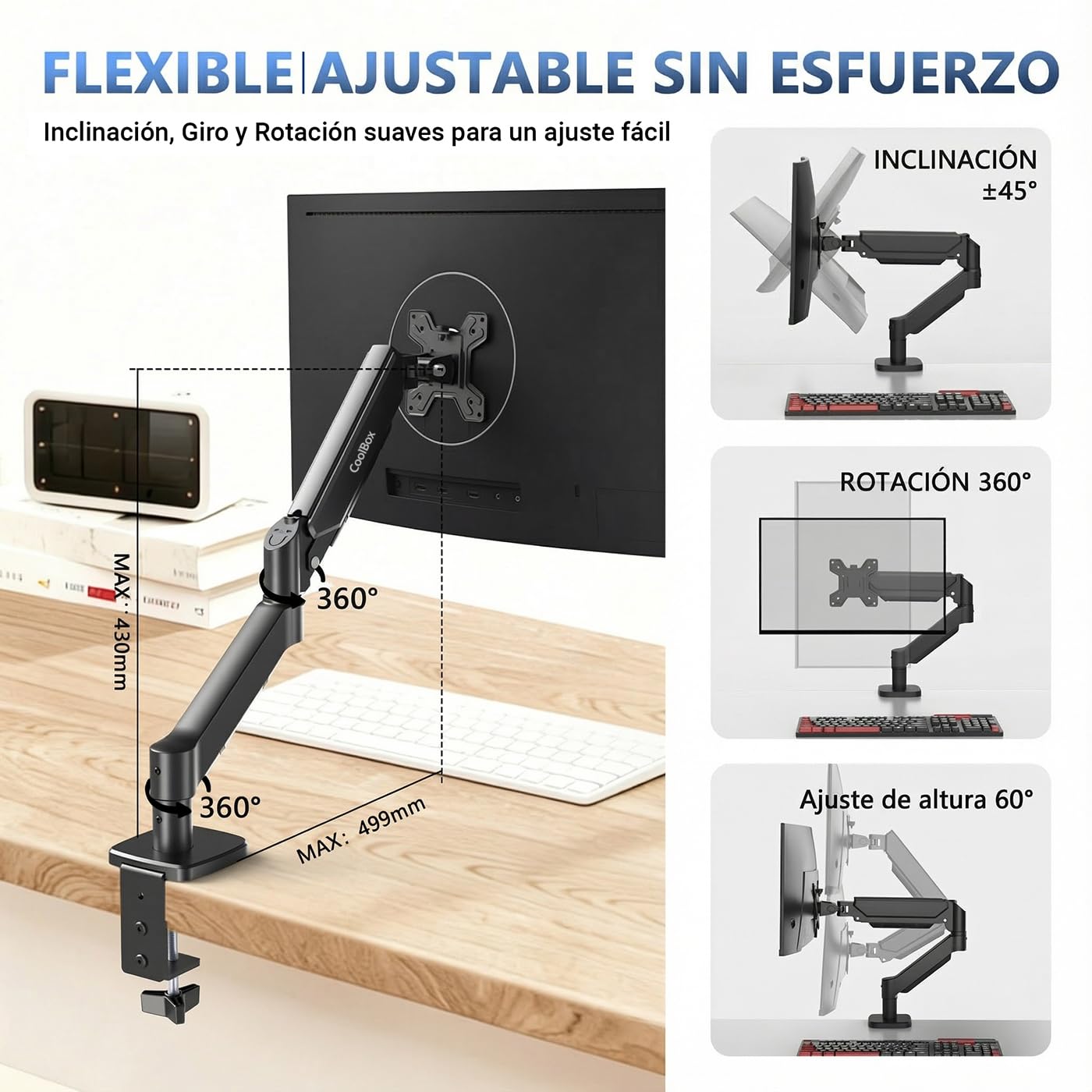 CoolBox M02 - Soporte Brazo Monitor para Pantallas hasta 32", Altura, Giro e Inclinación Ajustables, Posición Monitor Vertical, VESA 75x75/100x100, Hasta 8Kg de Peso, Negro