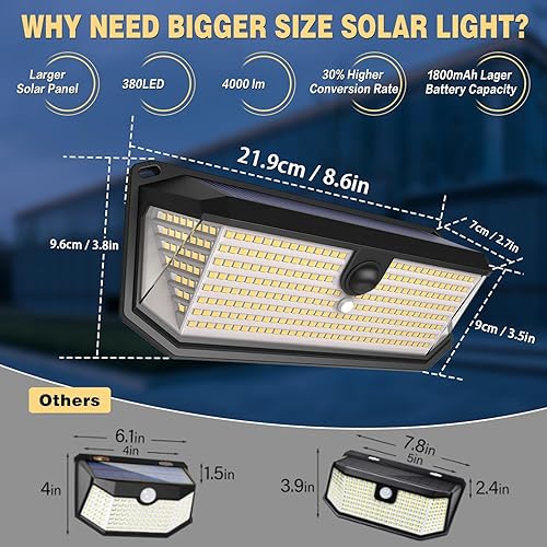 Miniatura 2 de Luces solares para exteriores, 4000 lúmenes, 380 LED, luces solares de movimiento al aire libre, impermeables, 3 modos de luz de seguridad gran