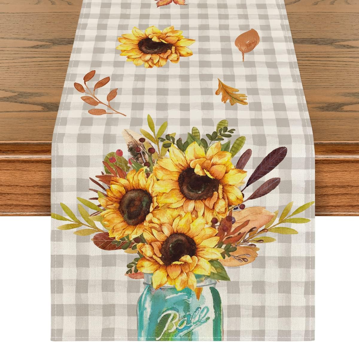 Artoid Mode Watercolor Sunflowers Vase Leaves Buffalo Plaid Table Runner, Seasonal Fall Harvest Vintage Kitchen Dining Table Decoration for Indoor Outdoor Home Party Decor 13 x 90 Inch