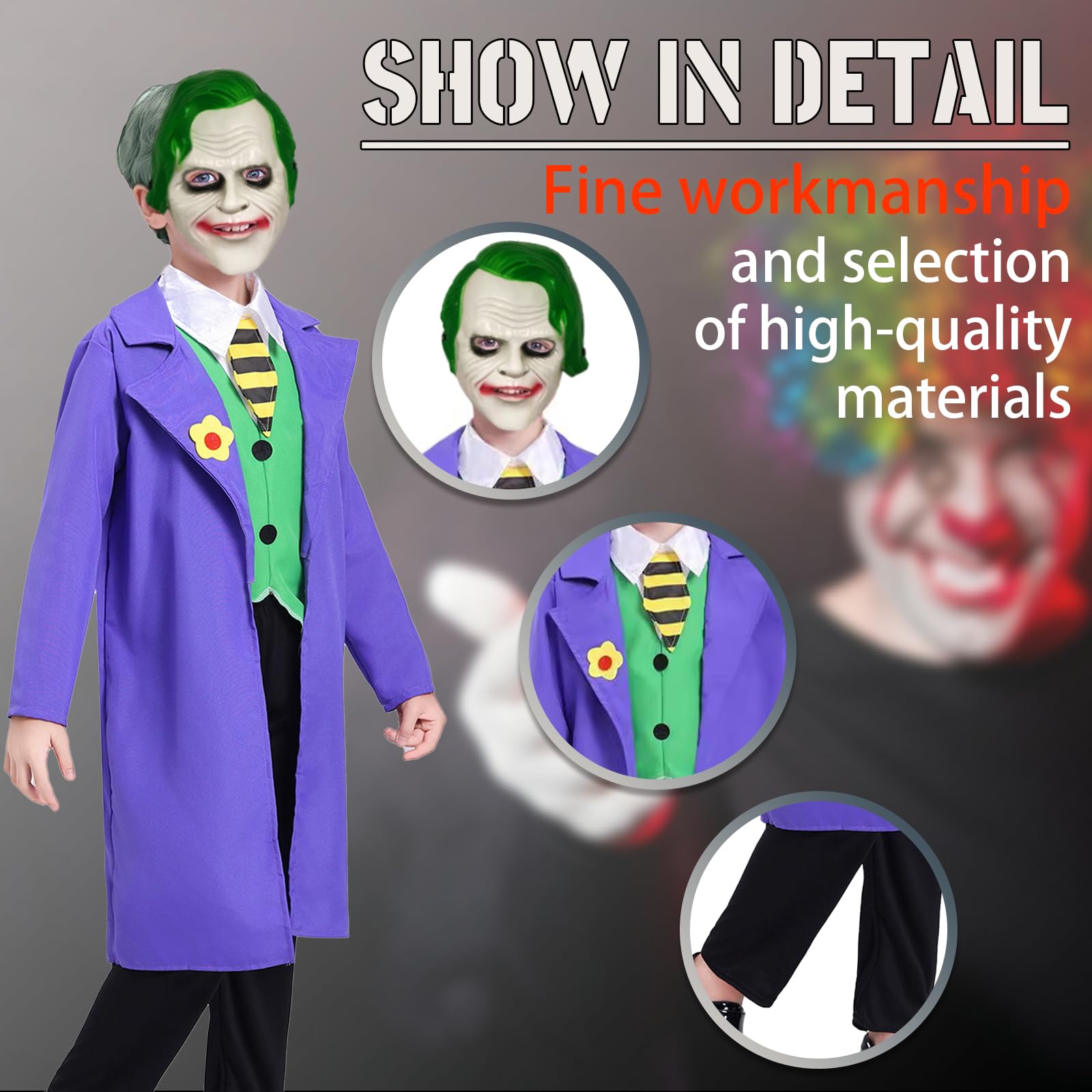 Makoike 4Pcs Clown Costume for Kids Knight Costume Scary Killer Clown Mask Vest Coat Pants Halloween Costume Cosplay Props - Image 2