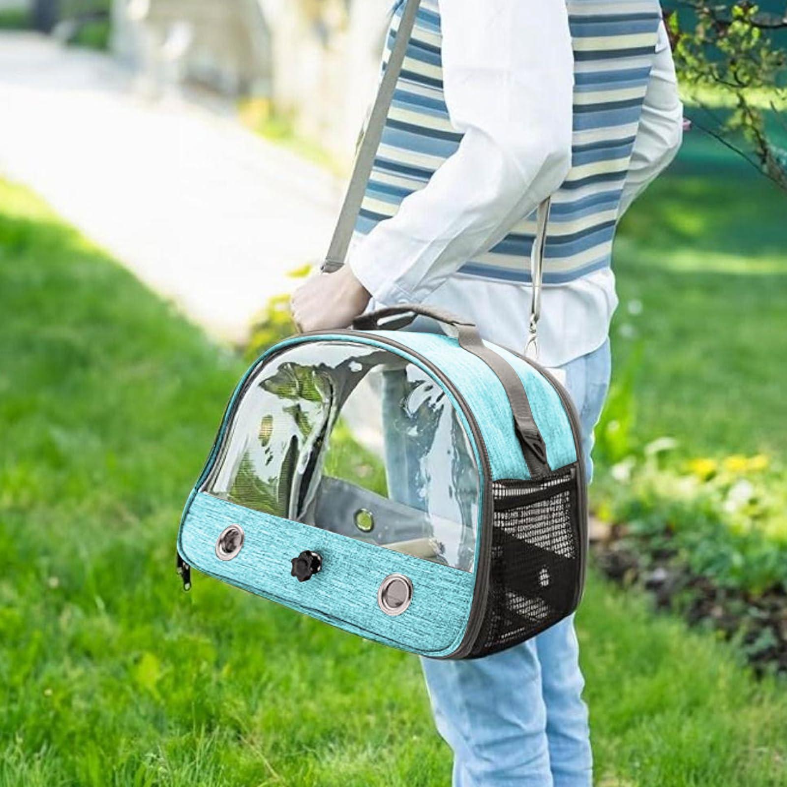 Borsa per il Trasporto di Uccelli con Asta e Vassoio in Acciaio Inox, Zaino Portatile per Pappagalli con Asta di Legno (Blue)