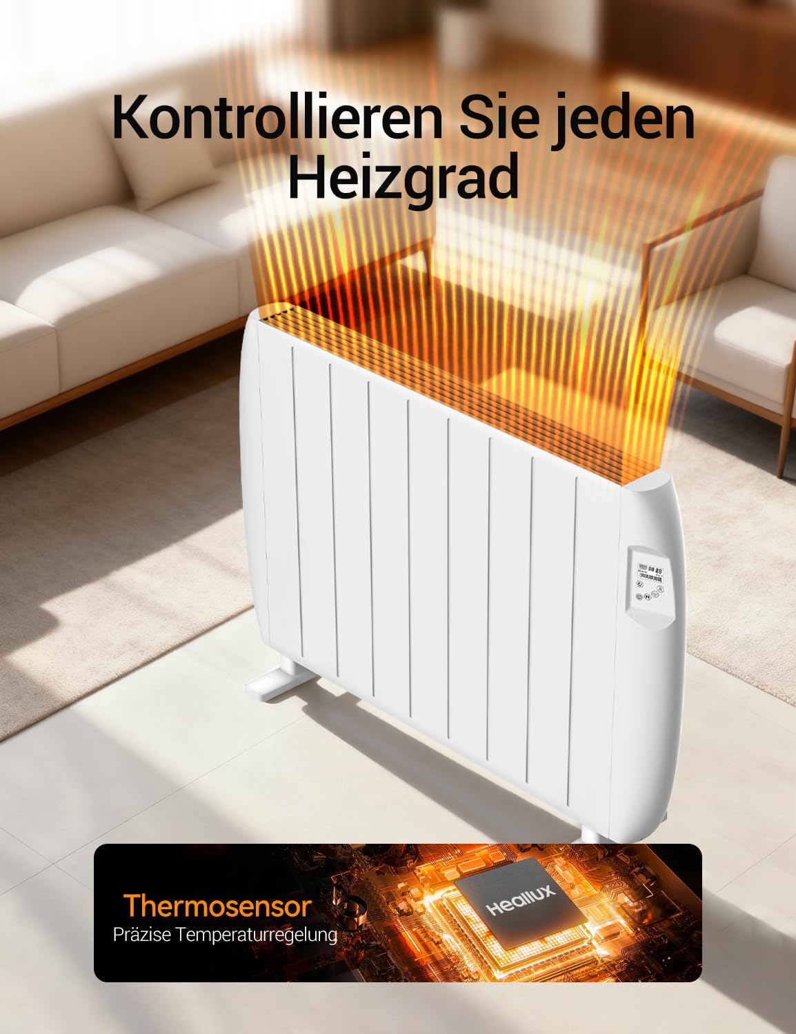 Heallux Calefacción convectora, eléctrica, calefacción móvil de 1000 W con pantalla LCD, 2 en 1 montaje en suelo y pared, certificado TÜV, protección infantil y protección contra heladas