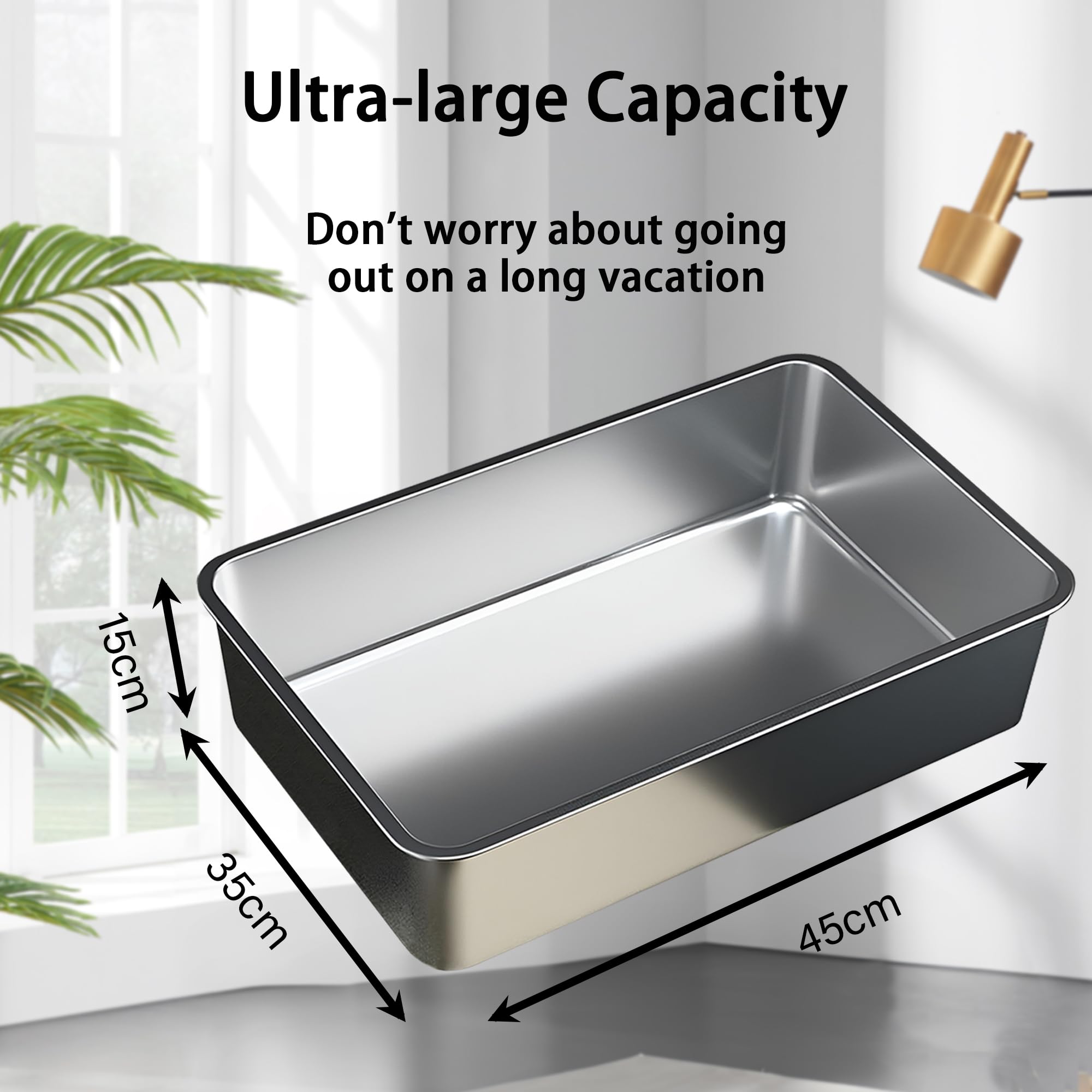 Vealind Lettiera per gatti in acciaio inox, resistente, 45 x 35 x 15 cm, superficie antiaderente in metallo, anti-perdite, facile da pulire, con apertura superiore grande