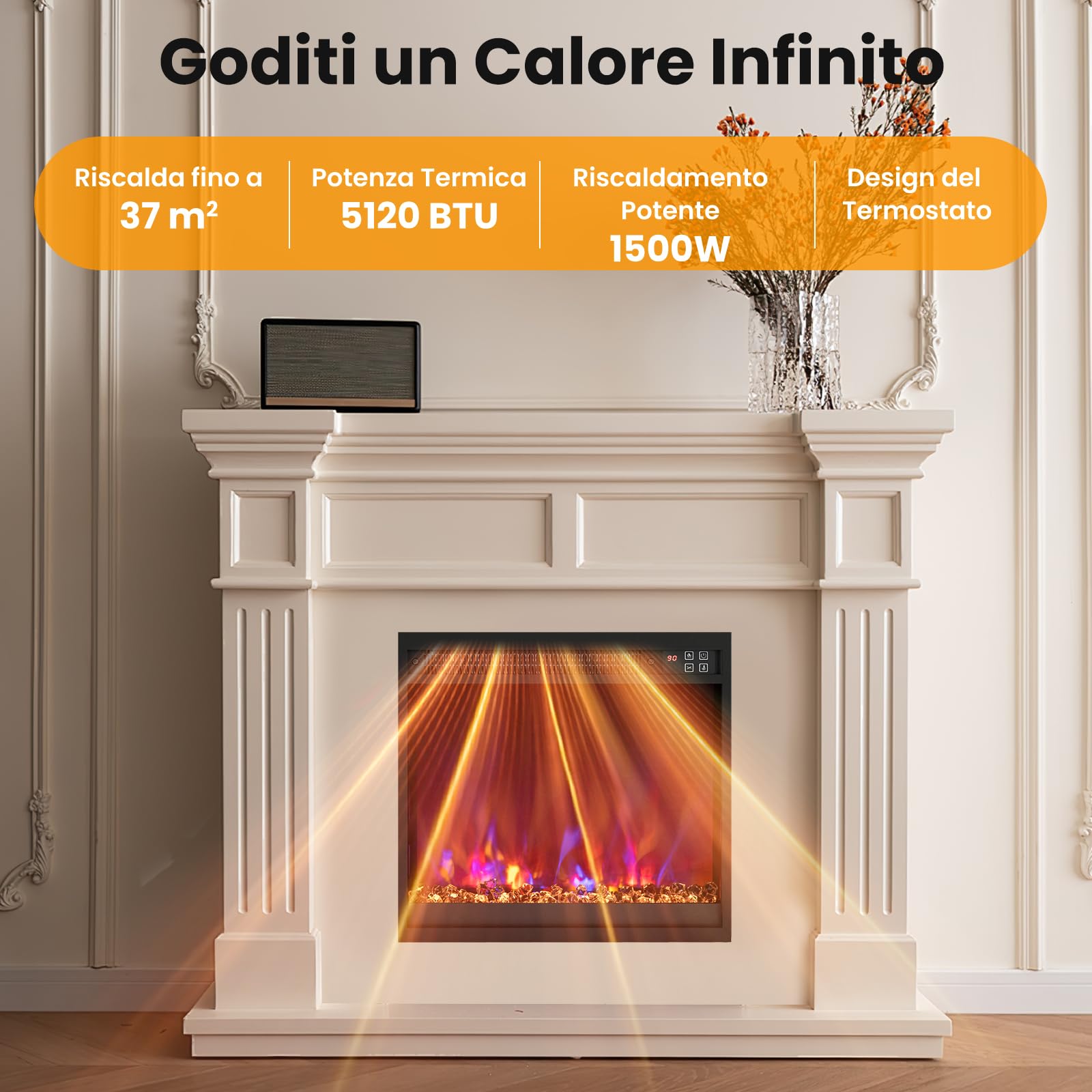 RELAX4LIFE 49/61/68,5 cm Camino Elettrico Incassato con Fiamma Multicolore e Letto di Braci, Telecomando, Timer, Termostato Integrato e Protezione da Surriscaldamento, 1500W (LUNGHEZZA:49CM)
