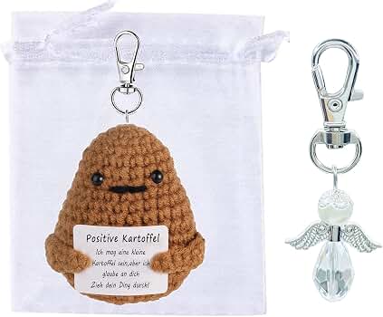 Positive Kartoffel – Handgehäkelter Motivations-Plüsch Mit Spruch, In Organzasäckchen, Süßes Geschenk