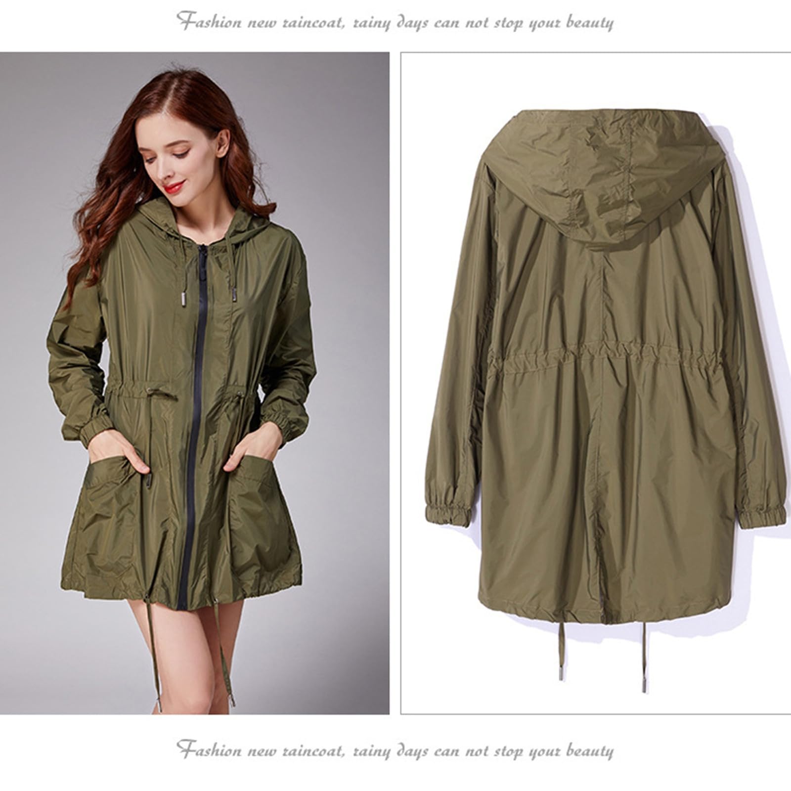 Generisch Chubasquero para mujer, cintura corta, ajuste estrecho, resistente al viento, con capucha, para adultos, estudiantes, paseos y desplazamientos (verde militar, talla única)