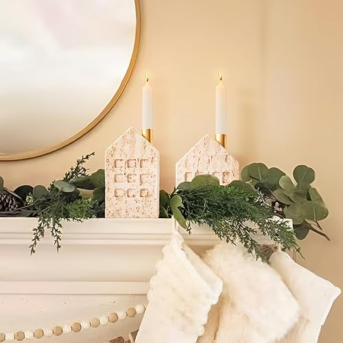 Miniatura 4 de DN DECONATION Juego de 2 portavelas de Navidad, portavelas de casa con chimenea de metal para velas cónicas, centro de mesa bohemio estilo