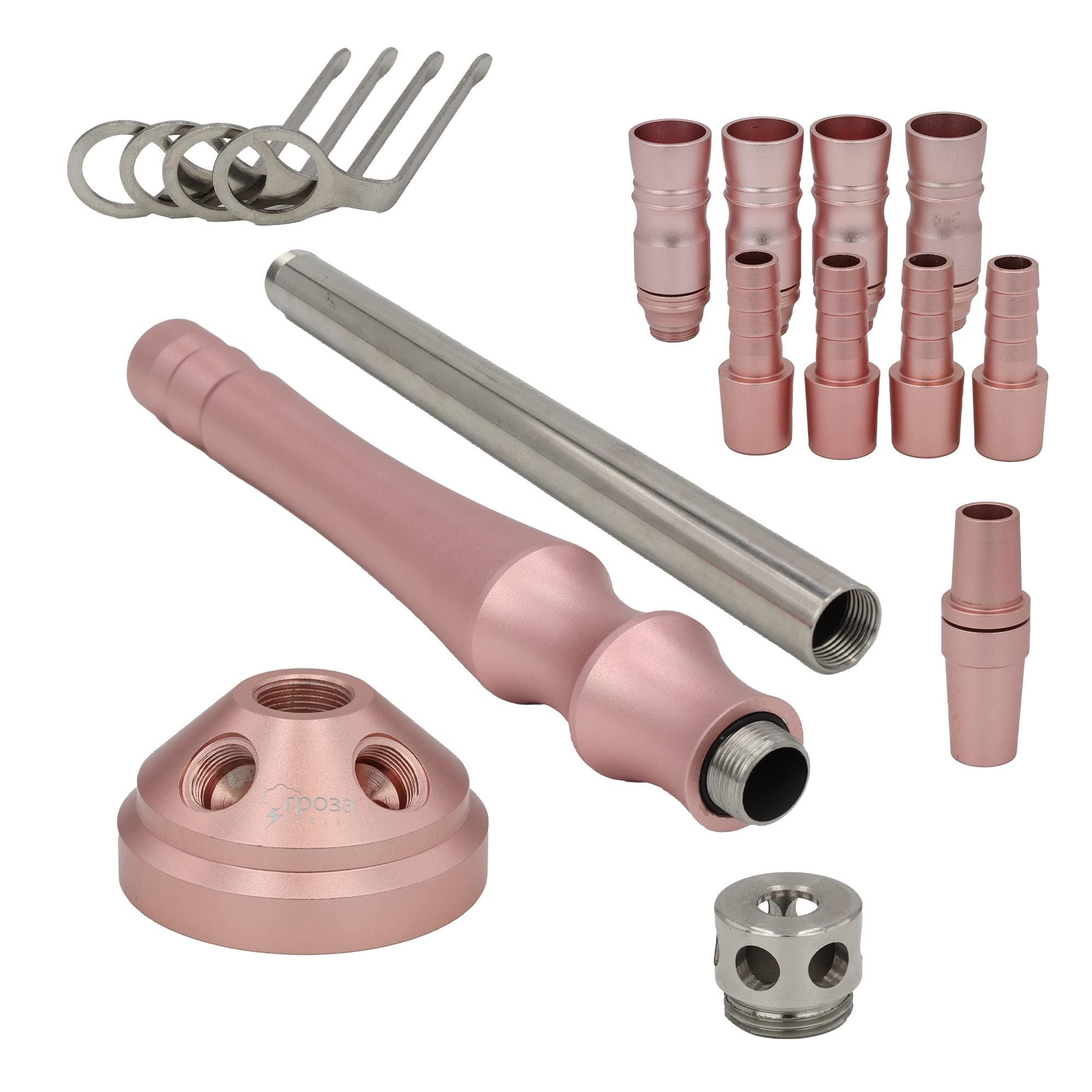 DIAMOND HOOKAH Premium Mittel Aluminium RPO3A Shisha Set, Wasserpfeife Shisha Edel Komplettset mit 4 Anschlüsse. 18/8 Schliff, Klickanschluss und Diamanten Molassefänger (Rose Gold)