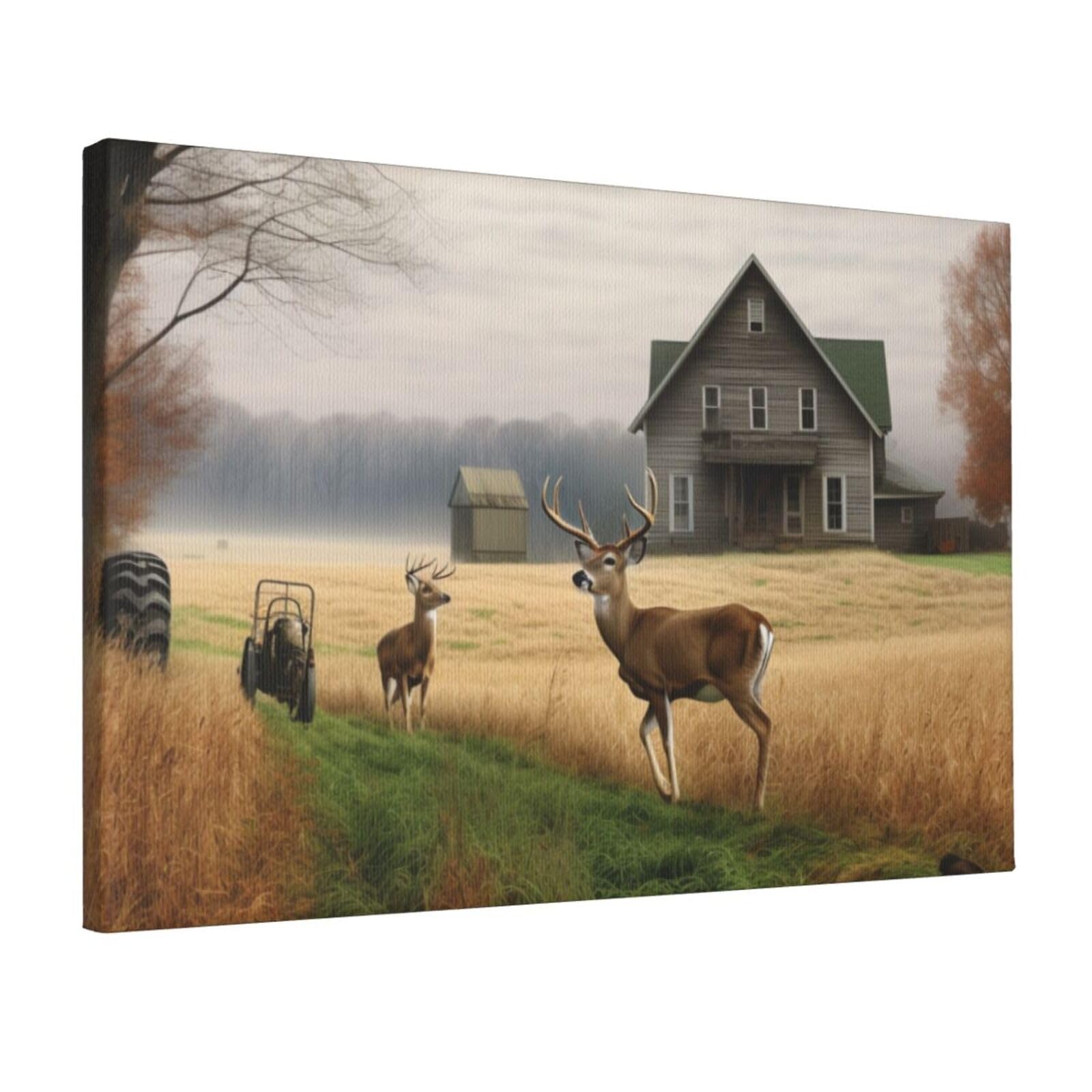 YKLJG Farm with deer Printed Wall Art Canvas Prints 45x30 CM Wooden Framed Picture Painting Artwork for Bedroom Kitchen Home Office Decor