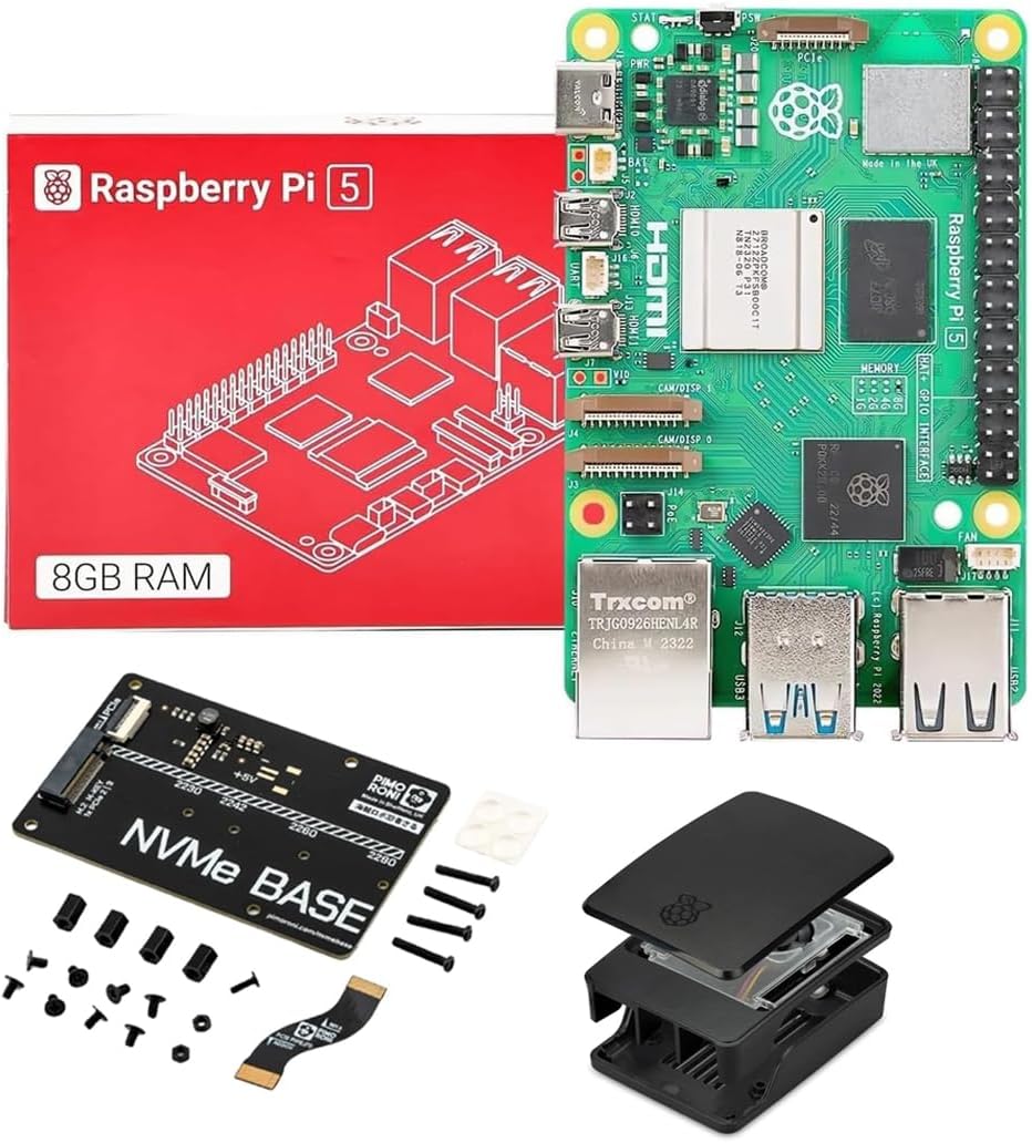 Pi 5 Single Board Kit w/NVMe Base M.2 HAT PCIe Extension and Case (8 GB, Black-Grey Case)