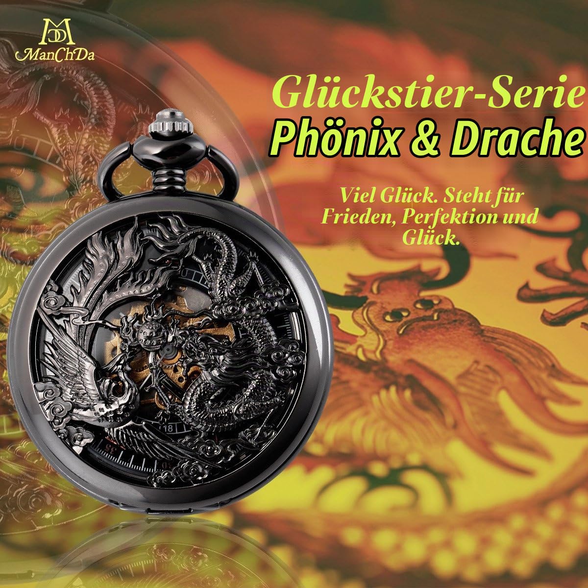 ManChDa Retro Taschenuhr Herren mit Kette analog Handaufzug Drache Phönix Skelett Römische Schwarz