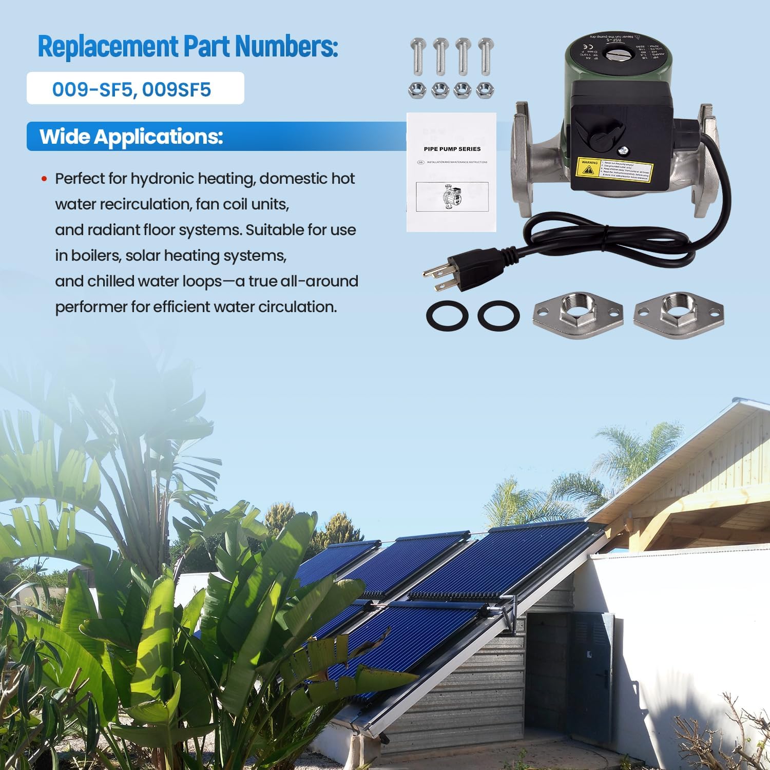 009-SF5 Water Circulation Pump, 1/8 HP 115V 3250 RPM 150 PSI, Compatible with Taco High Velocity Cartridge Circulator Pump, Replace 009SF5 Flanged Hydronic Heating Hot Water Circulator Pumps
