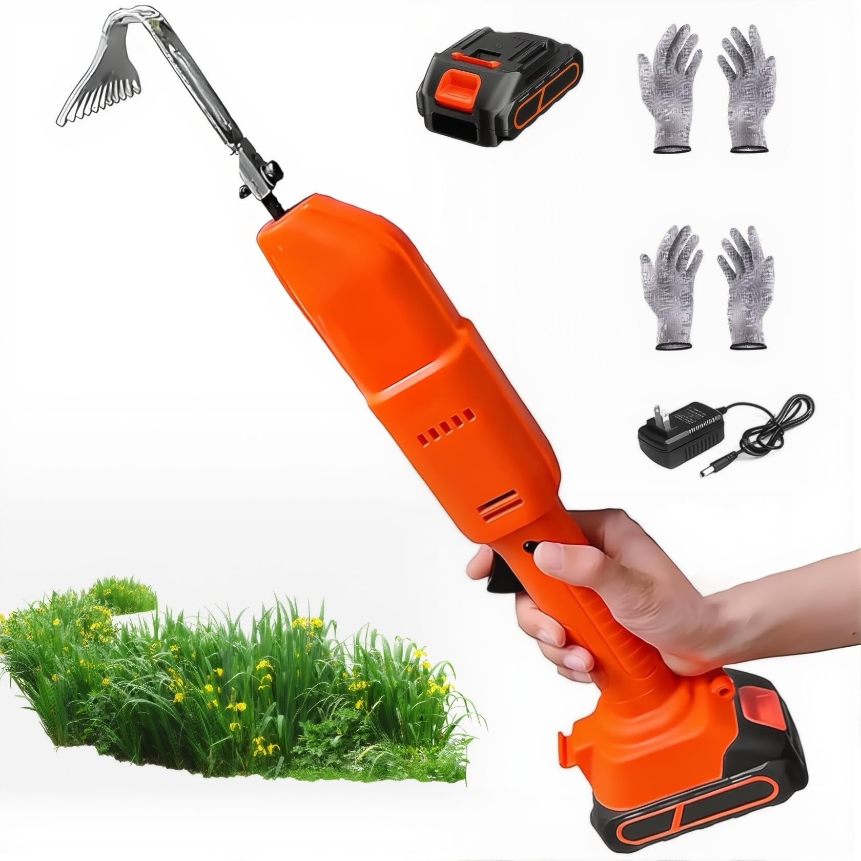 Azada y Desherbador Eléctrico, Cultivador de Jardín Inalámbrico con 1/2 Baterías y Palo Largo, Mini Azada Eléctrica para Cavado, Deshierbe y Aireación del Suelo, 2 Pares de Guantes A Battery