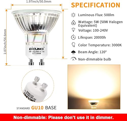 Miniatura 2 de DiCUNO Bombillas LED GU10 de 5 W, blanco cálido, 3000 K, 500 lm, ángulo de haz de 120 grados, foco, equivalente a bombillas halógenas de 50 W, luz