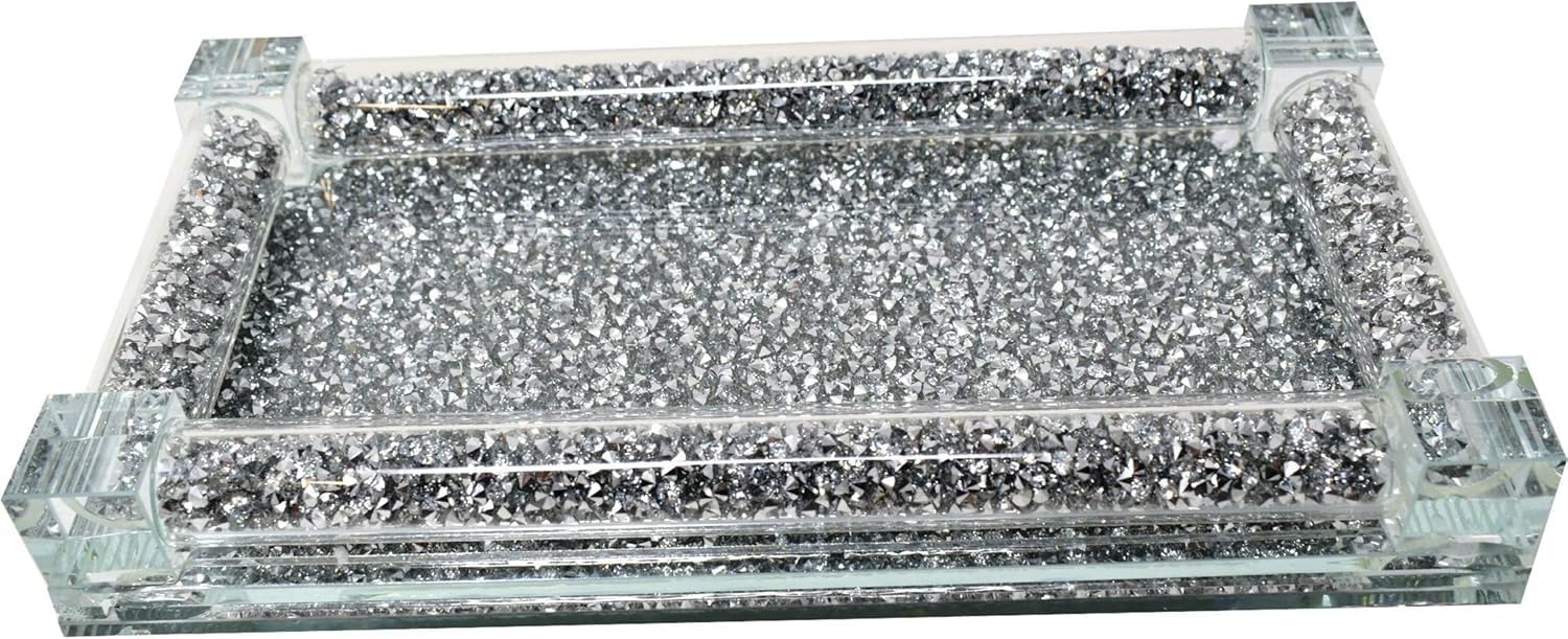 Rectangular Glass Mirrored Tray with Crushed Diamonds Frame, 20cm, Silver