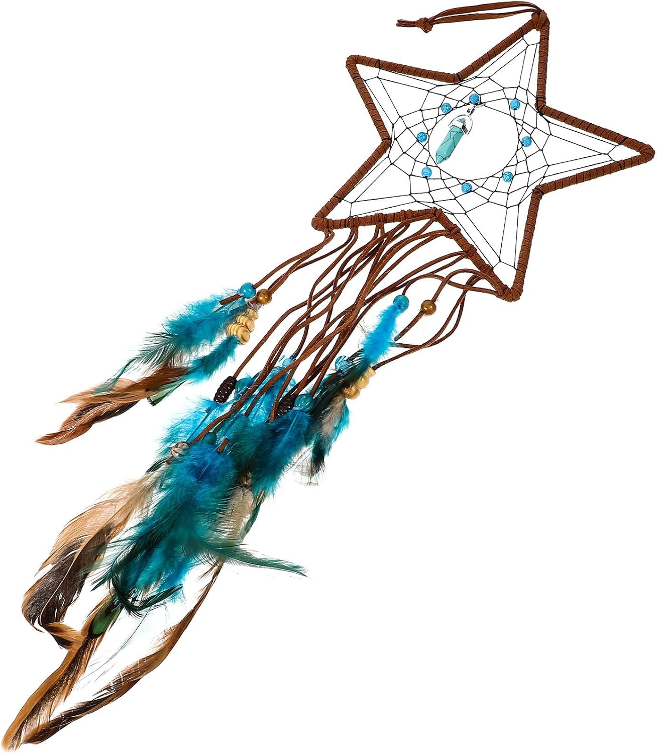 Balacoo Handmade Boho Dream Catcher with Star Turquoise Pendant and Plumes, Indoor Wall Hanging Decor for Bedroom and Garden, Creative Macrame Ornament