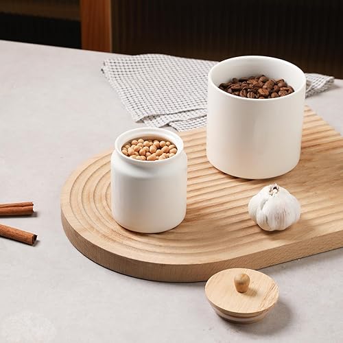 Miniatura 4 de Sweejar Recipientes de cocina de cerámica, tarro de almacenamiento de alimentos de porcelana con tapa de madera hermética, recipiente para el hogar