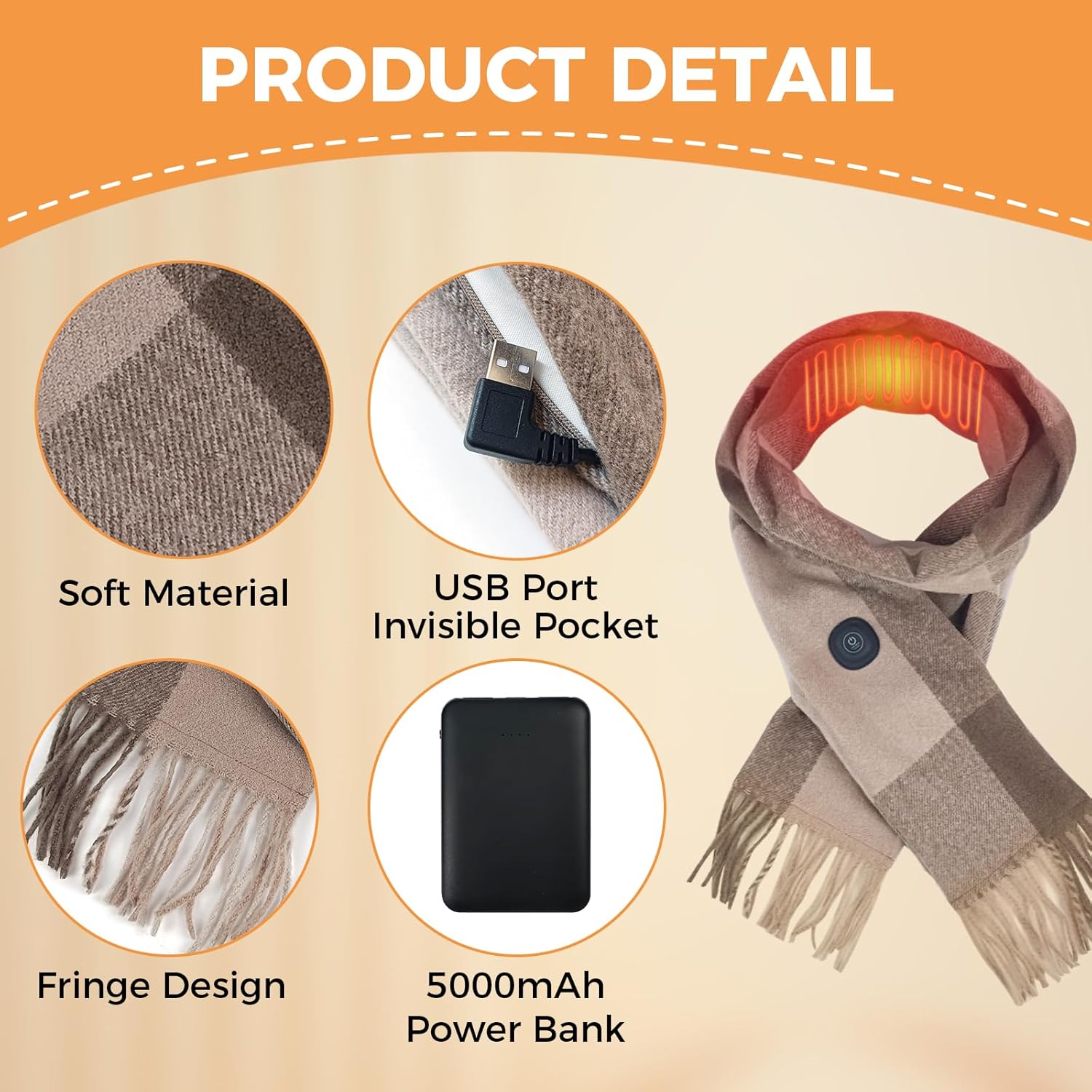 Heated Scarf for Women Winter, Rechargeable Heated Neck Wrap with 5000mAh Power Bank, Electric Heating Pad for Warmth, Neck Pain Relief - Image 4