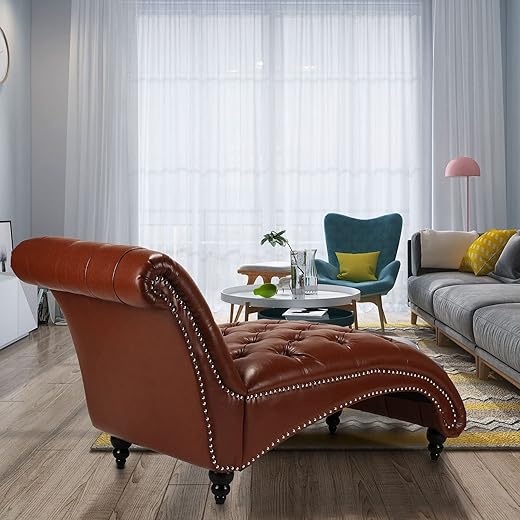 Chaise Lounge Indoor, Lounge Chair for Bedroom, Leather Tufted Chase Lounger Chair Indoor, Comfortable Home Chaise Longue for Living Room Furniture Lounges (Light Brown)