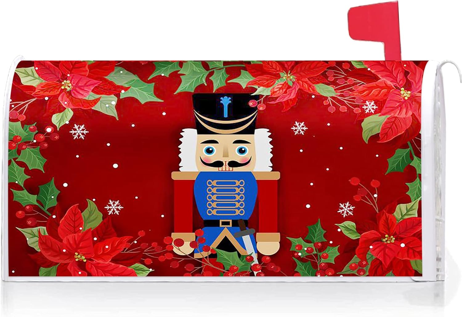 Texupday Merry Christmas Nutcracker Poinsettia Decoration Mailbox Cover with Magnetic Strip Winter Mailbox Wraps Post Letter Box Cover Standard Size 21" X 18" for Garden Outdoor Yard Decor