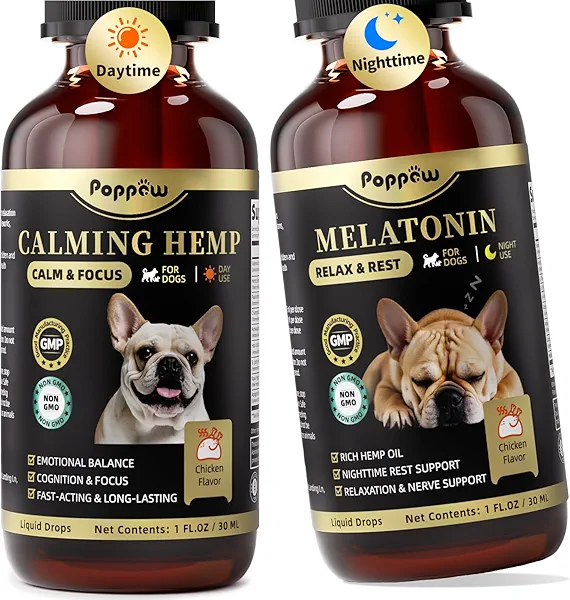 POPPAW Hemp & Melatonin Calming Drops for Dogs – Day & Night Calming Treat for Anxiety Relief, Stress, Aggression, Separation, Relaxation & Sleep Aid, Chicken Flavor, 2 FL Oz