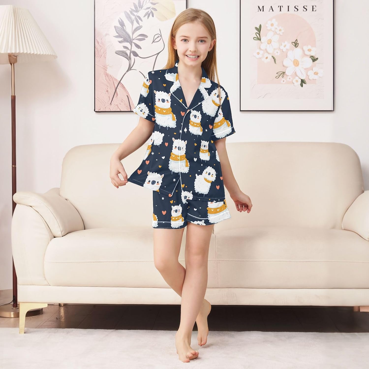 Kids Satin Wear Set Cute Alpaca Pattern Relaxed Fit Clothing Short Sleeve and Shorts