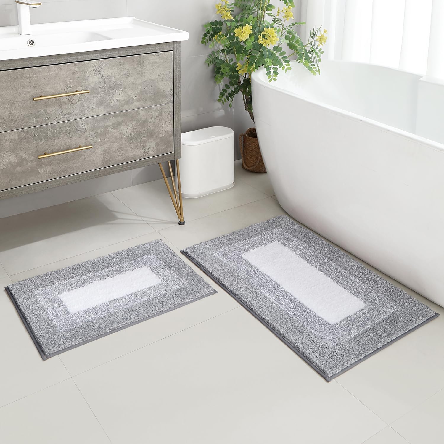 HOMEIDEAS 2 Piece Bathroom Rugs Set, Extra Soft Absorbent Microfiber Non Slip Machine Washable Shaggy Bath Mat (20" x 32" & 16" x 24", Grey)