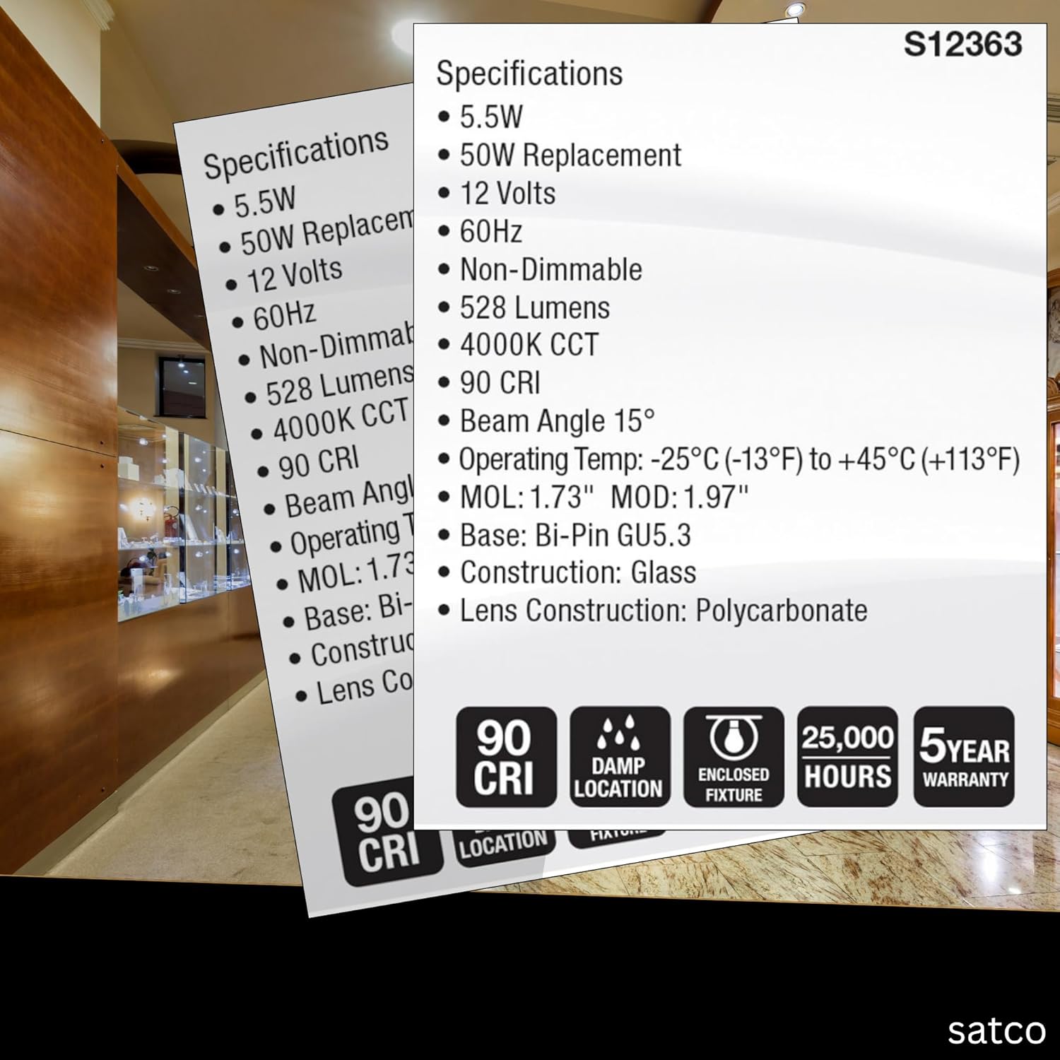 Satco LED MR16 Spotlight 5.5W 50W Equivalent 4000K Cool White 90+ CRI 15° Beam GU5.3 Bi-Pin Base 12V Dimmable Clear Finish – Part S12363 (12 Pack)