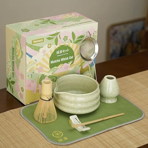 Miniatura 3 de Juego de batidor de matcha, 7 piezas de kit de fabricación de matcha con batidor, cuenco de cerámica, tamiz, cuchara, soporte, soporte y toalla de