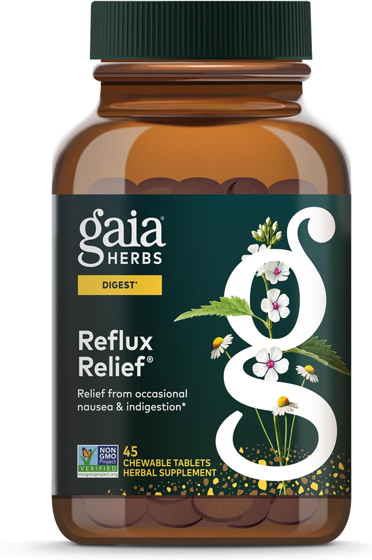 Gaia Herbs Reflux Relief - with Marshmallow Root, Chamomile, Aloe, Licorice, and High Mallow - Helps with Occasional Heartburn and Relieve Indigestion - 45 Chewable Tablets (45-Day Supply)