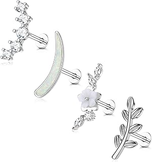 G23 Titanium Cartilage Earrings for Women 16G Pure Titanium Flat Back Stud for Sensitive Ear Cartilage Opal CZ Stud Earrings Internally Threaded Conch Helix Tragus Piercing Jewelry