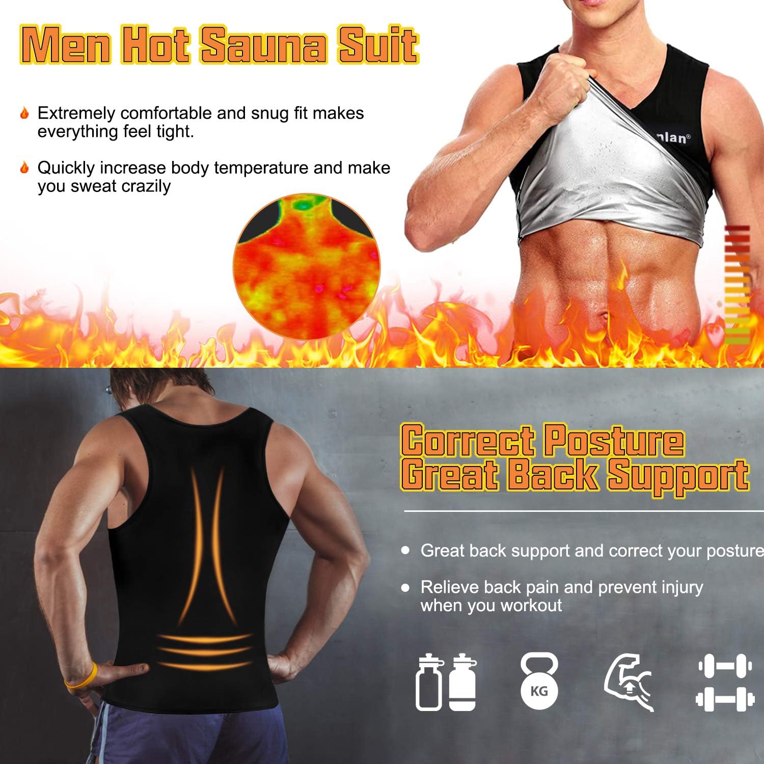 Junlan Sauna Vest for Men Waist Trainer Sweat Vest with Zipper Heat Trapping Vest Sauna Suit sweat tank top for Men